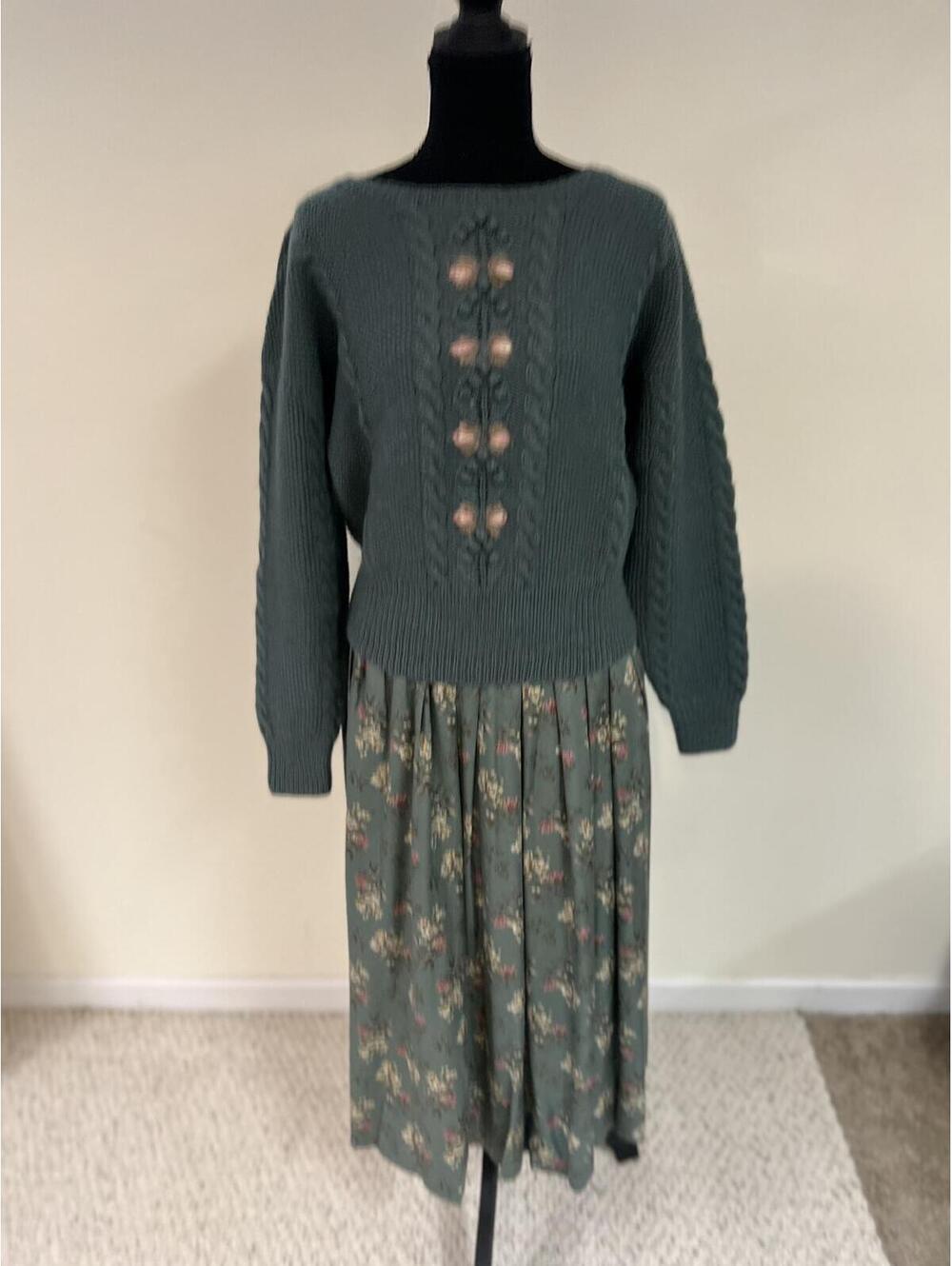 Vintage JG Hook Womens 10 Cottagecore Wool Knit Floral Midi Dress Green USA